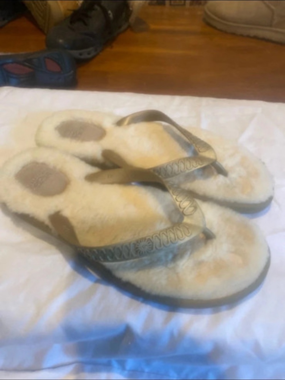 UGG Cream Shearling Flip Flops with Metallic Straps